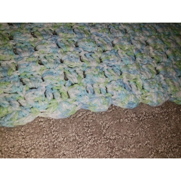 Beautiful Hand Crocheted Blue/Green/White Baby Blanket- 31" x 32" - Picture 6 of 8
